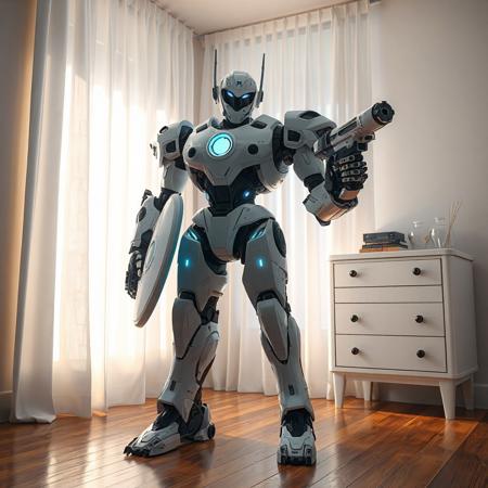 "A futuristic Machine King Prototype robot in a cozy Mystic Mine room: sleek white armor with black circuit-like accents, holding a shield (left) and plasma gun (right). Soft sunlight filters through white curtains onto wooden floors and a minimalist dresser, contrasting the robot’s tech-aesthetic. Hyper-detailed textures: glossy carbon fiber, glowing energy cores, and matte-white surfaces. Stylized with Studio Ghibli whimsy and Blade Runner futurism. Rendered in Unreal Engine 5 realism, Octane Render gloss, and Dutch angle composition. Color palette: warm wood tones, stark whites, and neon-blue energy accents. Background features faint holographic interfaces and floating dust motes. Trending on ArtStation, 8K HDR, golden ratio framing. Tags: retro-futuristic harmony, human-robot coexistence, hyperdetailed mecha, cinematic depth-of-field, soft ambient lighting."