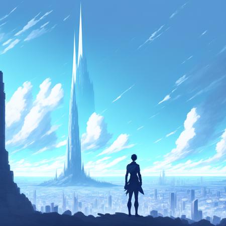 anime Epic Composition, massive scale a man stands observing the distant mega Spire city in the distance (SpireCity style:1) <lora:djzSpireCity:0.8)