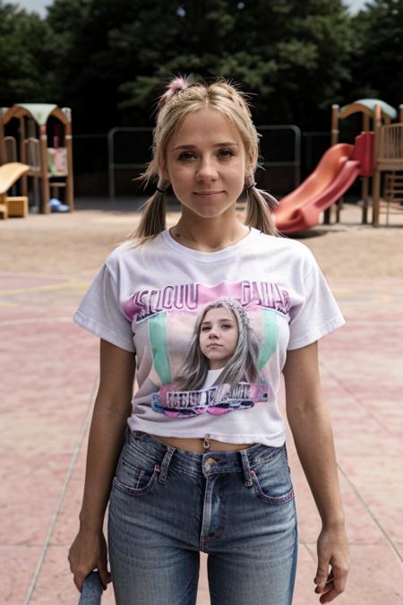 jeans, xanadu tshirt in a playground,  <lora:Sarah_Jane_Honeywell:1> masterpiece,best quality, detailed face, 1girl, solo, sj1873h, blonde_hair, pig tail