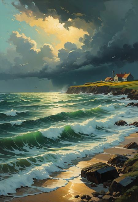 A stormy seascape where the crashing waves dissolve into Gottlieb-style floating symbols, expressive comic realism, impressionist landscape painting, atmospheric rural environments, grounded character design, soft natural lighting, painterly brushstrokes, gritty narrative in tranquil settings, subtle emotion, clean linework meets fluid texture, moody skies, immersive countryside scenes, graphic realism in luminous color, character-driven storytelling, peaceful yet dramatic composition, urban noir in pastoral tones