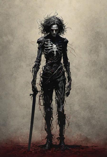 linquivera, full length old Edward Scissorhands, sorrowful expression, faded elegance, poignant atmosphere, lost beauty, melancholic aura, hauntingly captivating, timeless grief, stark contrast, delicate decay,line art,backlighting,wind,backlighting,stardust,(wind:1.2),knight,red blood