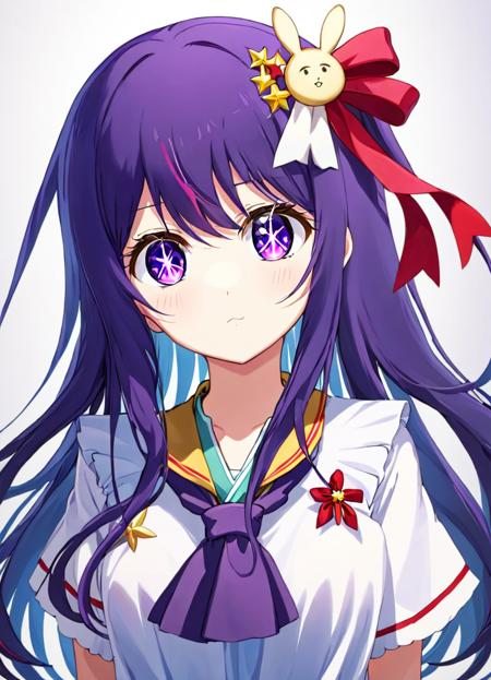 breathtaking, 1girl,purple eyes,aihoshino, ,hair ornament, red ribbon,
standing,white school uniform, 
gorgeous,key visual, vibrant, studio anime,award-winning, professional, highly detailed,high budget, cinemascope <lora:hoshinoai_v10:1:lbw=xl1-1>