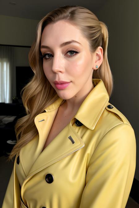 photo of (K4thRy4n01:0.99), a woman, RAW, close portrait photo, trench coat, long high_ponytail, pale skin, slim body, (high detailed skin:1.2), 8k uhd, dslr, soft lighting, high quality, film grain, Fujifilm XT3 sharp focus, f 5.6