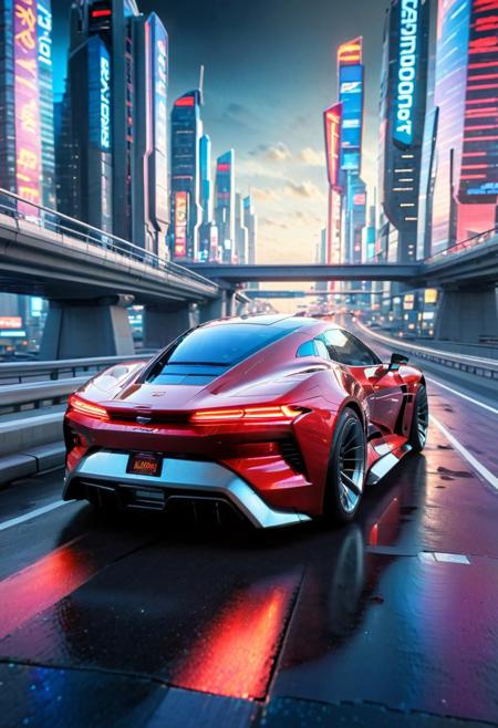 highest details, ultra hyper realism. highly detailed and realistic. intricate and highly professional artwork, an absolute masterpiece. dramatic lighting. This is a high-quality CGI image showcasing a futuristic, neon-lit cityscape with a sleek, red sports car driving on an elevated highway. The city features tall, intricate buildings with glowing lights and a blend of organic and geometric designs, reminiscent of cyberpunk aesthetics. The sky is dark, adding to the dramatic lighting. The camera angle is slightly elevated, capturing the car in motion with a shallow depth of field that blurs the background, focusing on the car and the immediate surroundings. The overall aesthetic quality is very high, with detailed textures and vibrant, warm lighting creating an immersive, visually stunning scene
h4v_h0l0