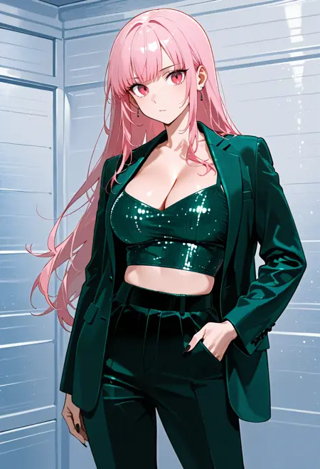 Green Corduroy Suit & Glitter Crop Top