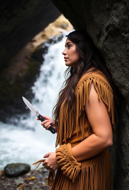 beautiful woman, Native American, looking out from a cave behind a waterfall, deerskin clothes, moccasins, scraping knife in one hand, fresh salmon in the other, side view. close up on face and hand