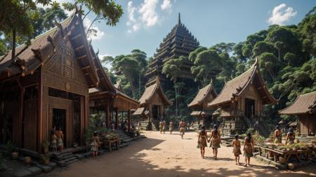 <lora:XSArchi_127:0.3> a photograph of fantasy indonesian tribal cities, ((austronesian, villages, family:1.3)), (stone, ethnic engraving), neanderthal and homo sapiens war, borobudur, market, monkey, majestic apartment, tree house, golden cities, wonderful cinematic, futuristic, scifi, magical, <lora:djzMarketplaceV21:0.2> marketplace style, crowd, people, standing, building, pottery, garden, ((perfect quality)), <lora:add_detail:1>