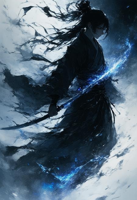 Medium close-up, Dutch tilt: Rukia leaps backward mid-combat, Sode no Shirayuki’s blade trailing diamond-dust ice shards. Her torn shihakushō reveals glowing reiatsu veins beneath frost-layered fabric. Inspired by Katsuya Terada’s chiaroscuro drama and CLAMP’s intricate linework—indigo shadows carve her silhouette against a split sky: left frozen obsidian, right blazing ochre. Glacial winds crystallize her breath; blood-tipped cherry blossoms orbit her like shattered vows. Textured ice armor fractures at her collar, exposing smoldering crimson threads. Mood: tragic resolve—a dance of destruction and restraint, light catching her split-second hesitation before the storm.