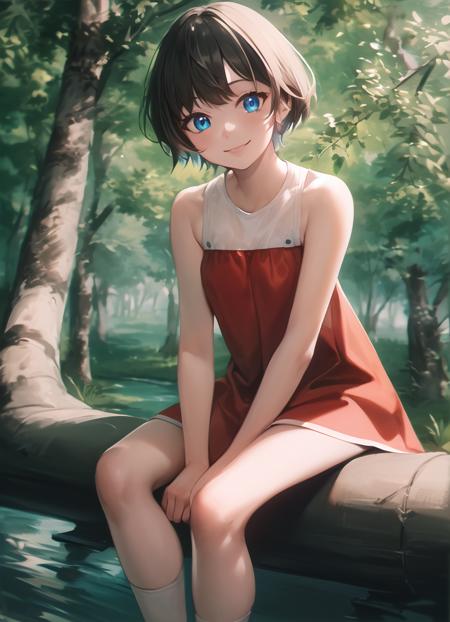 pov, ((best quality, masterpiece)), full body, 1girl, solo, sitting, looking at viewer, short hair, blue eyes, beautiful detailed eyes, wearing short red dress, dress white straps, bare shoulders, happy smile, sunny, natural light, sparkles, green forest, highly detailed, smooth, sharp focus, (colorful:1.2), by studio ghibli, <lora:alisaselezneva:0.7>