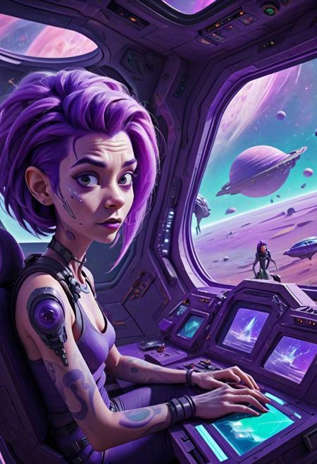 A woman with purple hair sitting in the cockpit of her spaceship in front of an alien planet with strange creatures walking around outside as she stares at them in wonderment on her monitor screen