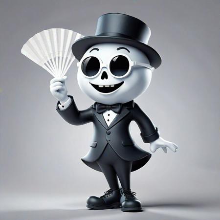 Full body, luxurious sunglasses and hat, excited and happy expression, figure skating suit, figure skating movements, cute and lovely baby ghost holding a fan in one hand. It's a cute, happy, fantastic, stylish and dreamy 2D Disney animation. . It's illustration-focused, 3D-focused, and has a professional feel. Soft, modern and cool. Graphics, background is white.