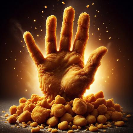 A deep-fried human hand, golden and crispy, emerging dramatically from a deep bowl filled with crunchy, perfectly cooked chicken nuggets. The hand appears lifelike yet surreal, coated in a thick layer of crispy batter, with small crumbs falling off as it reaches upward. The scene is captured in a hyper-realistic food photography style, with dramatic lighting emphasizing the rich golden hues and the contrast between the crispy textures and the soft, warm glow of the setting. Steam rises gently from the freshly fried food, adding depth to the composition. The background is blurred, focusing on the detailed textures of the hand and nuggets, creating a cinematic and surreal atmosphere. High-resolution, intricate textures, sharp details, and dramatic lighting.. Dfc
,