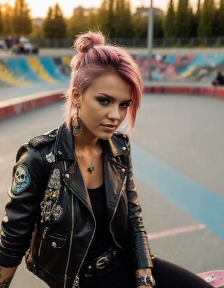 cinematic photo beautiful portrait of (((ohwx woman))) in a punk black leather jacket with studs, ((((skate park in the background)))), multiple ear piercings, multiple lips piercings, multiple eyebrow piercings, colored hair, skull necklace, kids on skateboard in the background     <lora:jessica_alba_sdxl_dh128_v1:1.05> . 35mm photograph, film, bokeh, professional, 4k, highly detailed