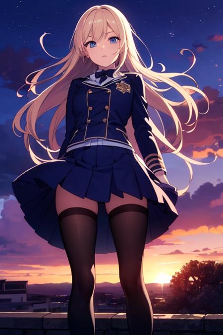 full body,
tareme,
big eyes,
(shining) eyes,
(inviting face),
(high detailed school uniform:1.2),
band of light,
(wind:1.4),
anime,
realistic,
high detailed eyes,
perfect anatomy,
(masterpiece,
best quality,
high detailed:1.4),
8k,
cg.
wallpaper,
(blue sunset:1.4),
(moon:1.2),
dynamic pose,
1girl,
solo,
chests lift,
looking at viewer,
from below,
(top of the building:1.2)