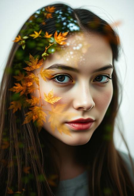 . Surreal Nature Double Exposure. Merge a portrait with forest elements using a Canon EOS 5D Mark IV and 100mm macro lens. Light the subject with soft, diffused daylight (f/2.8, ISO 100, 1/200s) against a white backdrop. Layer with a long-exposure shot of autumn leaves (f/16, ISO 50, 2s). Blend in post: translucent foliage overlays on the subject’s silhouette, emphasizing earthy greens and amber tones. Retain skin texture while adding moss-like patterns via masking.