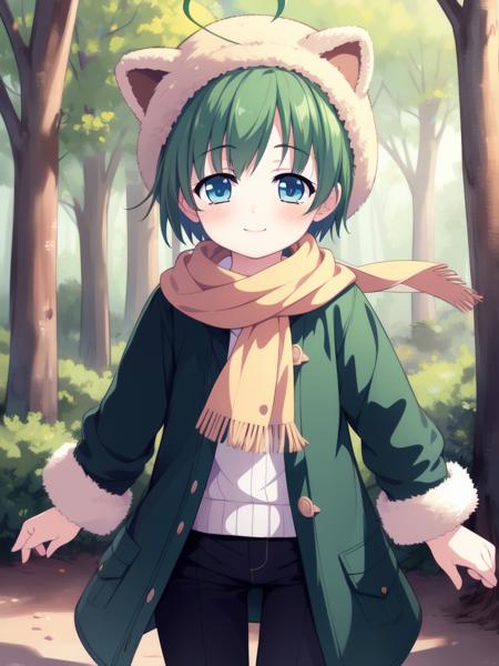 <lora:SakurazawaKeito:0.8>,SakurazawaKeito,  green hair, blue eyes, short hair, ahoge, 1boy, soro, smile, blush,
fur hat, yellow scarf, green coat, brown pants, shoes, happy, standing, forest, looking at viewer, cowboy Shot,
 masterpiece, high quality, very_high_resolution, large_filesize, full color,