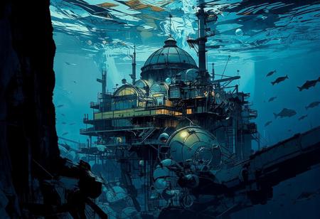We are underwater, with exceptional visibility. From a great height, we observe a massive cliff plunging into the abyss. A vast underwater research station, almost a futuristic city and a mining extraction facility at the same time, stands at the edge of the abyss.
The station’s architecture is sleek and harmonious, made of glass and steel. A grand building with a colossal glass dome towers over numerous other structures, many of which also have small domes or cupolas. Multiple platforms house residential and research facilities, with scattered lights illuminating the underwater station and antennas spread throughout.
Numerous air bubbles rise from the station, drifting towards the surface. In the foreground, additional research domes, pipelines, conduits, and enormous underwater mining machines add to the station’s industrial activity. The water is crystal clear, allowing for an extensive view of various fish swimming in the distance.