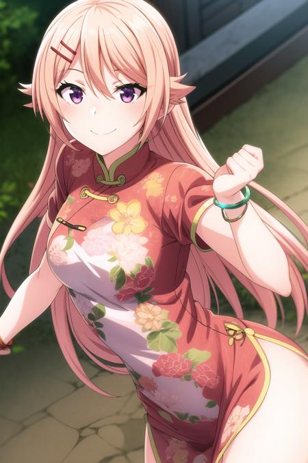 1girl, eyebrows visible through hair, blonde hair, hair ornament, hairclip, long hair, looking at viewer, violet eyes, smile, solo, bracelet, china dress, chinese clothes, dress, floral print, jewelry, pink dress, print dress, puffy short sleeves, puffy sleeves, short sleeves, shion_kujo, <lora:add_detail:0.7>