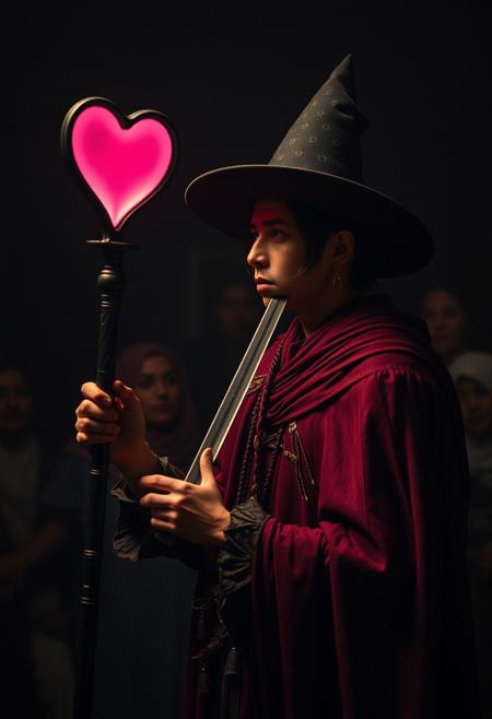 AtomicHeartTwinsCosplay in absolute darkness, profoundly no light, holding black-pink heart shaped orbstaff, 
pointed hat, translucent skin, Describe the captivating scene captured in the vintage photograph featuring a Bedouin artist skillfully swallowing a massive sword in the style of Final Fantasy, amidst a mesmerized audience. Provide details about the artist's attire, the sword's intricate design, and the expressions of the onlookers as they witness this extraordinary performance., amazing quality, masterpiece, best quality, hyper detailed, ultra detailed, UHD, perfect anatomy, portrait, dof, hyper-realism, majestic, awesome, inspiring, closeup, an weathered outworn old Fantasy cape, smooth, Closeup, by Dring, rust paint peelz, atmospheric haze, cinamatic composition, soft shadows, national geographic style