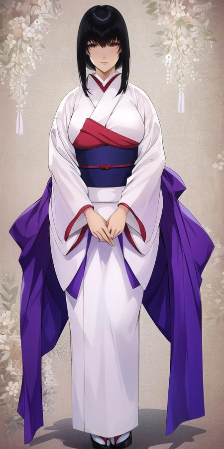 <lora:YukishiroTomoeV2:0.7> yukishiro_tomoe, huge breasts, standing, solo, white_kimono_purple_sash, masterpiece, best quality, detailed face, detailed eyes, highres,