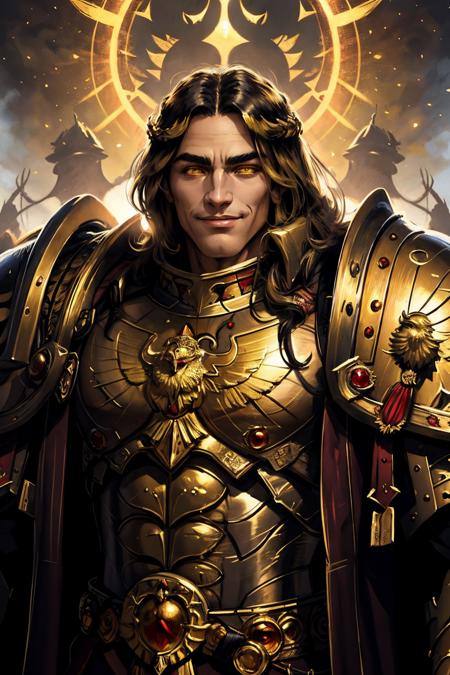 mature adult, illustration, beautiful detailed eyes,best quality,highly detailed,masterpiece,ultra-detailed,illustration, long hair, olive skin, full armor, muscular, god-like physique, golden armor, 
1 man, light smile, happy, yellow eyes, EMPEROR OF MANkind, <lora:THE EMPEROR OF MANKIND MK1 by CCARAXESS:0.7> <lora:tool - Elixir:0.7>