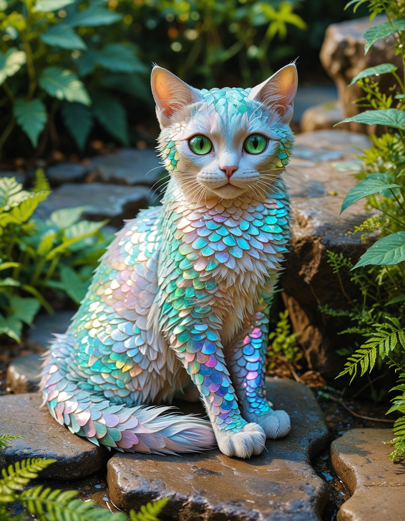 fantastical creature that resembles a cat with pastel iridescent scales covering its body and a long scaled tail, The scal...