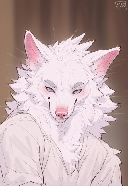 safe_pos, score_9, score_8_up, score_7_up, score_6_up, source_furry, source_anime, furry, nsfw, rating_explicit, anthro, solo, portrait, wolf, white fur, blind grey eyes, pink nose, whiskers