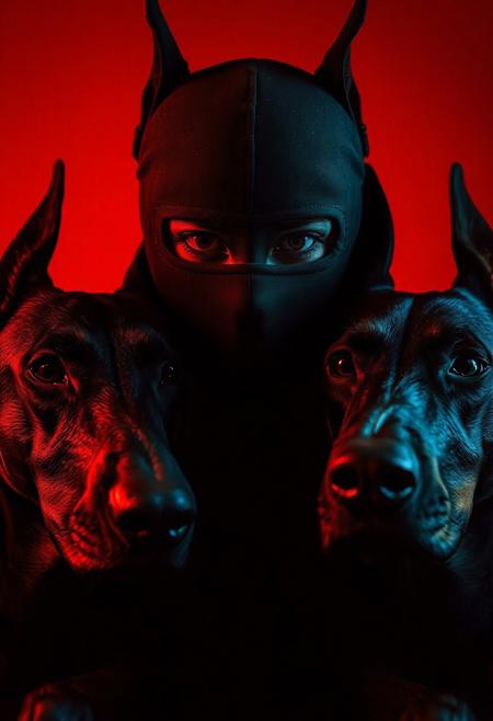 ultra cinematic shot, three black dobermans, ultra detailed, surrounding a masked fashion girl and an expressionless face, slick with sweat, predatory and intense gaze, dramatic directional lighting, harsh shadows, minimal immersive ambient, solid red background, in the style of Chris Cunningham, psychological-thriller tone, electric tension, gritty atmosphere, suspenseful, 35mm lens, cinematic realism, mysterious, dangerous and magnetic vibe