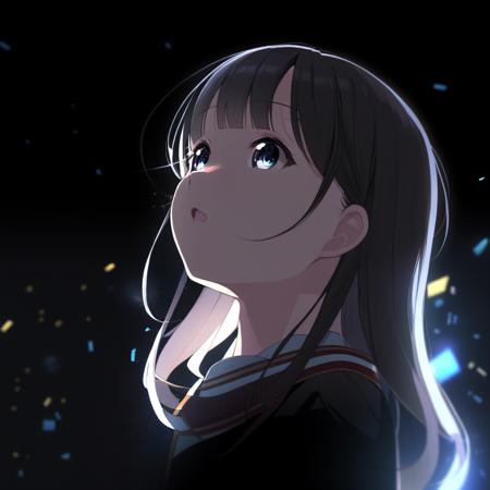 face focus, cute, masterpiece, best quality, 1girl, black background, light particle, solo, standing, pixiv, depth of field, cinematic compotision, best lighting, looking up