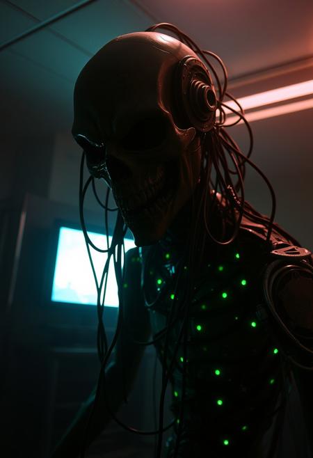 A terrifying biopunk creature, cybernetic body horror, dark room, screen glow, cables and wires