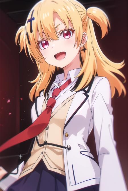 somalilonghaired, <lora:somali longhaired s1-lora-nochekaiser:1>,
somali longhaired, long hair, blonde hair, hair ornament, (red eyes:1.3), two side up, cross hair ornament, smile, open mouth,
BREAK skirt, shirt, thighhighs, jewelry, school uniform, jacket, pleated skirt, earrings, necktie, striped, pants, black skirt, blazer, red necktie, (white jacket:1.5),
BREAK indoors, classroom,
BREAK looking at viewer, (cowboy shot:1.5),
BREAK <lyco:GoodHands-beta2:1>, (masterpiece:1.2), best quality, high resolution, unity 8k wallpaper, (illustration:0.8), (beautiful detailed eyes:1.6), extremely detailed face, perfect lighting, extremely detailed CG, (perfect hands, perfect anatomy),