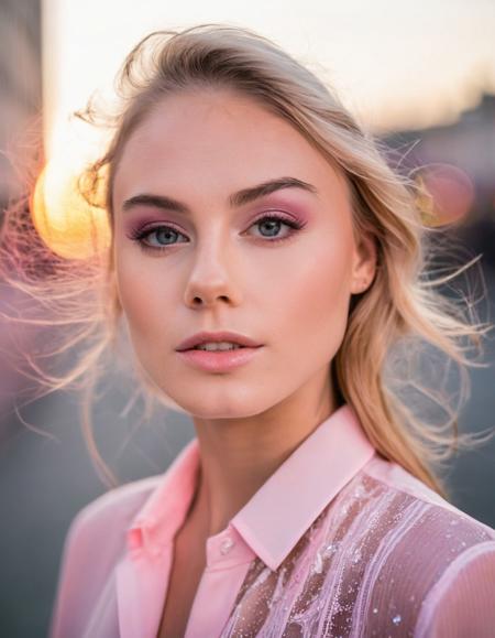 professional medium format 50mm (close-up headshot portrait) photography of a enchantingly gorgeous ((NancyAce woman)) <lora:NancyAce_SDXL_v1.0-000014:1.1>  in the city at dawn, shot on a Canon EOS R, extreme bokeh, wearing modest Dior pink blouse,