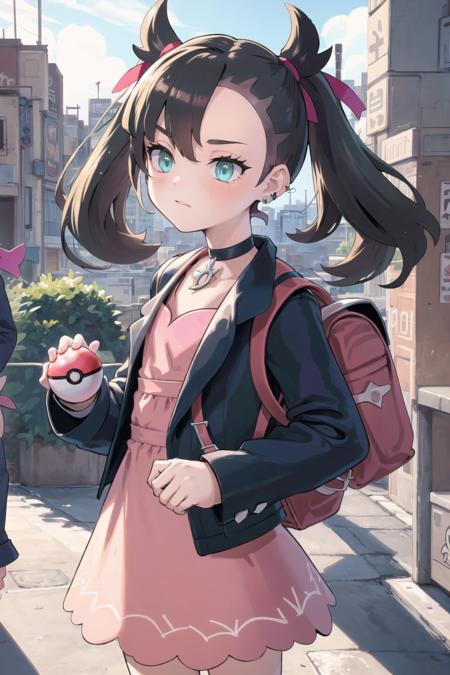 (illustration, masterpiece, best quality, soft lighting, official art, hdr, vibrant:1.1), <lora:EasyNegativeV2:0.8>, <lora:badhandv4:0.8>, <lora:detail_slider_v4:0.8>, <lora:pokemonmarnie-lyco-nochekaiser:0.8>, pokemonmarnie, aqua eyes, asymmetrical bangs, asymmetrical hair, black hair, hair ribbon, long hair, red ribbon, ribbon, twintails, backpack, bag, black choker, black jacket, choker, dress, earrings, jacket, jewelry, long sleeves, open clothes, pink bag, pink dress, <lora:pokeball:0.7>, holding pokeball, grungy city, city, <lora:worriedeyes_v100:0.8>, closed mouth,