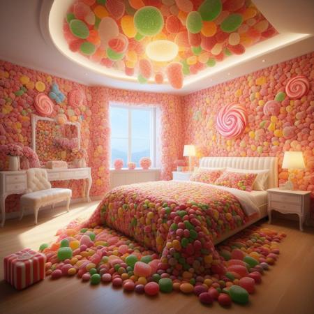 a stylish bedroom made out of candy, candy, masterpiece, best quality, highly detailed, sharp focus, dynamic lighting