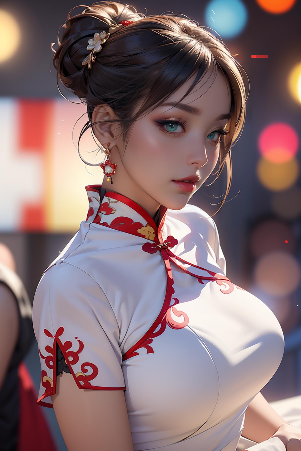 A beautiful Asian woman wearing a white dress with a red and gold pattern, a red ribbon, and earrings.