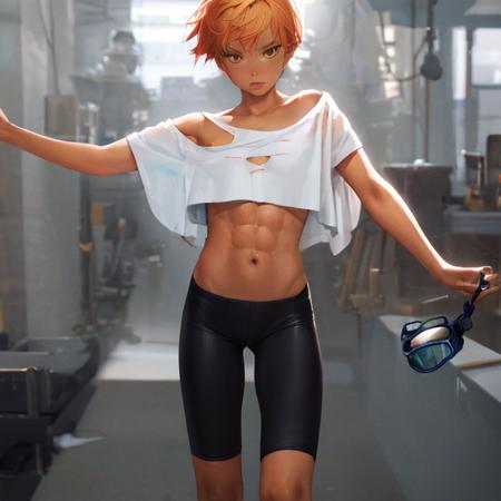 Edward,  standing,  Goggles
tan skin, tomboy, midriff, orange hair, loose shirt, off shoulder, spiked hair, barefoot, bike shorts, brown eyes, goggles on head,  blush stickers,  standing, Muscular
(insanely detailed, beautiful detailed face, masterpiece, best quality)  <lora:Edward-03:1>  volumetric lighting, best quality, masterpiece, intricate details, tonemapping, sharp focus, hyper detailed <lora:Muscle:1>