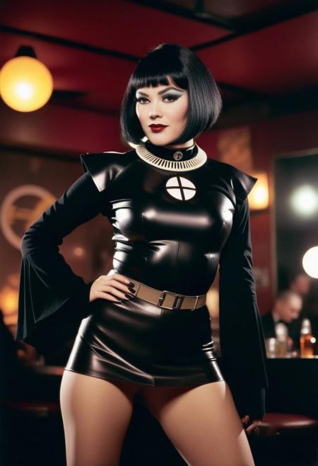 An aged worn postcard with matte colours, colour photograph, a giant pitch black ring in the air intersected by thick lines, symmetrical symbol, juxtaposed over a adeptas sororitas in power armour, 20's woman in jazz club, collar choker, eye shadow, makeup, black bob hair, pale skin, bokeh, sharp focus on subject, fullbody, knee long skirt, a wild and sensual dance, dancing in a jazz club, cosy atmosphere, gas light