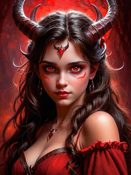 <lora:SS02ImpressionisticPainting_Hap_XL:2>,Thomas Kinkade style, <lora:add-detail-xl:0.1> red eyes, red background, 1girl, dark, horns