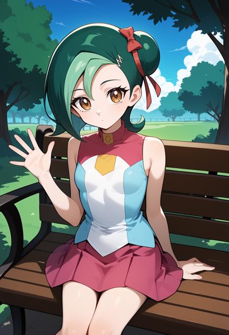 aakotori, short hair, multicolored hair, green hair, single hair bun, hair ribbon, brown eyes, small breasts, bare shoulders, sleeveless shirt, multicolored shirt, blue shirt, pink skirt