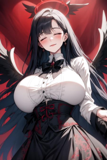 masterpiece, best quality, <lora:Ichika-07:1>, 1girl, black hair, 1chika, halo, wings, closed eyes, establish, dhevictorian, <lora:ElegantVic-000021:1>, victorian dress, corset, shirt, embroidery,  <lora:add_detail:0.3>, smile, (large breasts:1.6), from below, pov