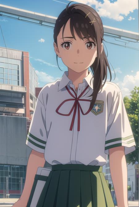 suzumeiwato, <lyco:suzume iwato movie-lyco-nochekaiser:1>,
suzume iwato, long hair, black hair, hair ornament, (brown eyes:1.5), hairclip, ponytail, smile,
BREAK skirt, shirt, ribbon, school uniform, white shirt, red ribbon, green skirt, long skirt,
BREAK outdoors, sky, day, cloud, sun,
BREAK looking at viewer, (cowboy shot:1.5),
BREAK <lyco:GoodHands-beta2:1>, (masterpiece:1.2), best quality, high resolution, unity 8k wallpaper, (illustration:0.8), (beautiful detailed eyes:1.6), extremely detailed face, perfect lighting, extremely detailed CG, (perfect hands, perfect anatomy),