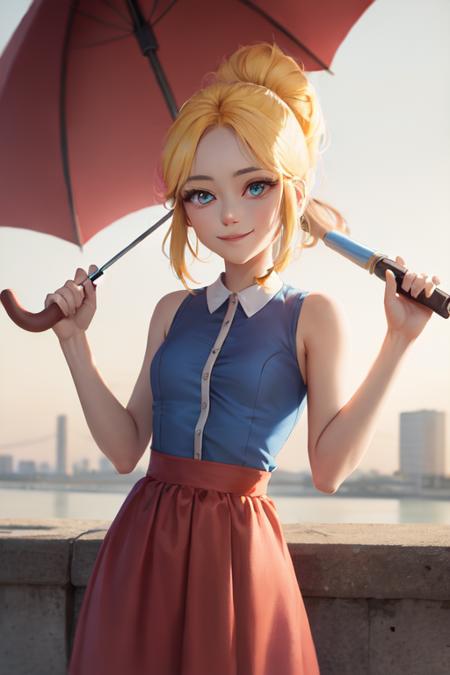 (masterpiece, best quality:1.2), <lora:bs_piper-10:0.8>, cowboy shot, solo, 1girl, piper, smile, looking at viewer, holding umbrella, blonde hair, ponytail, blue eyes, pink collared shirt, sleeveless, pink skirt