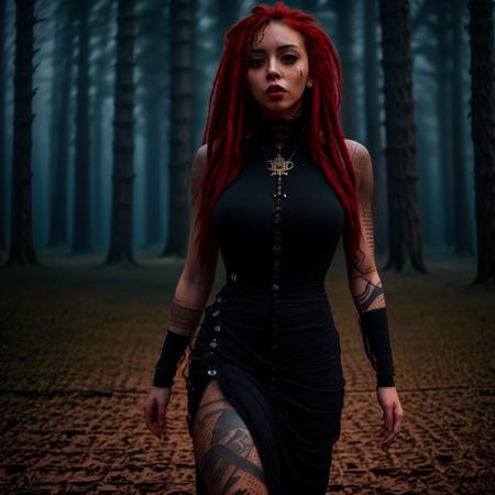 <lora:Witch_sd15:1.3> 1girl, tall,  slender, perfect face, massive breasts, realistic breasts, covered nipples, slim waist, small ass, dress, blurry background,  long hair,  solo, w1+ch, red forehead,  black body, outdoors, crow,  (holding lantern:0.5) , dreads,  full length, woods, night , tattoo, dynamic action, action, dramatic, horror <lora:horror_scale_selector:0.1>