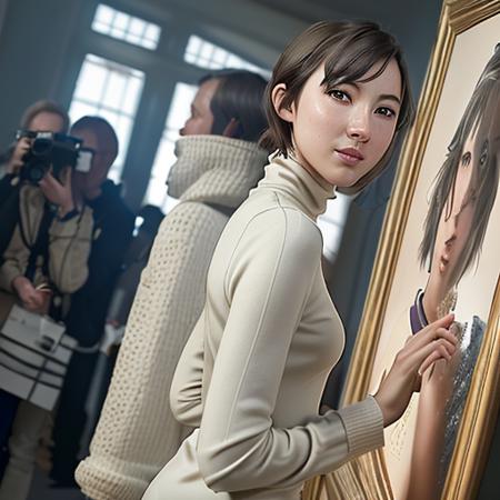 photo of (mayli2:1.08),a woman as a famous painter, short bob cut brown hair,guerlain pale skin powder foundation, slender thin figure, modelshoot style, (extremely detailed CG unity 8k wallpaper), photo of the most beautiful artwork in the world, professional majestic oil painting by Ed Blinkey, Atey Ghailan, Studio Ghibli, by Jeremy Mann, Greg Manchess, Antonio Moro, trending on ArtStation, trending on CGSociety, Intricate, High Detail, Sharp focus, dramatic, photorealistic painting art by midjourney and greg rutkowski, (beige tight fitting  turtleneck sweater), ((art gallery event)), ((standing in front of sculpture)), ((old people in the background)), (looking at viewer), (detailed pupils:1.3), (conservative outfit:1.2)