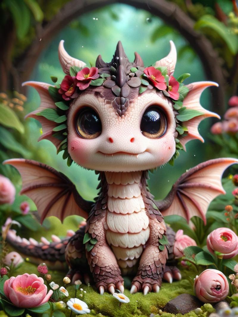 A small dragon figurine with a flower crown sitting in a field of flowers.