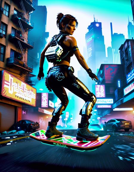 Lara Croft riding a b2fhboard in a dystopian cyberpunk city, (cyborg:1.3), bladerunner, dark misty street, punk hairstyle, cybernetic face modifications, body modification, Lara Croft video game character, wearing cyberpunk clothes, neon signs, misty,from behind,