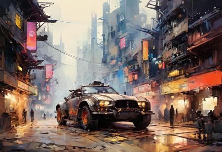 linquivera, liiv1, on parchment, style of ((Ralph McQuarrie and Syd Mead)), a digital painting depicting a futuristic cityscape. In the foreground, there's a worn classic { red | orange | yellow } (futuristic unconventional concept vehicle), (groundvehicle), xuer dieselpunk, vehicle focus, ground vehicle, there's a worn classic (futuristic unconventional concept sports vehicle) with a long hood and pop-up headlights, giving it an appearance reminiscent of the late 20th-century designs, yet more futuristic and with a worn and rugged look suggesting age or use in a dystopian setting. The car is detailed with dirt and weathering, and it has a matte, metallic finish.  cloud, sky, The city around it is composed of tall, slender buildings with (cyberpunk-style architecture), featuring protruding structures and neon lights. In the hazy sky, (airships or futuristic vehicles) float above, hinting at advanced technology and a busy urban atmosphere. The color palette is predominantly (desaturated tones of beige and blue), 
with bright colored foreground subjects, with the scene set against a backdrop of what could be a smog-filled sky, creating a sense of depth and scale. The artwork combines elements of nostalgia with speculative future technologies, presenting a visually rich, sci-fi environment.
oil and watercolor painting