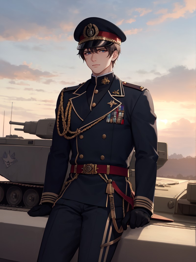 8k, masterpiece, highly detailed, solo, handsome boy in a military uniform, sitting atop a tank