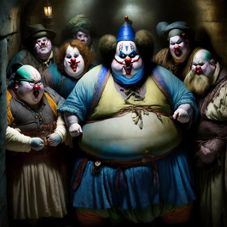 photo, a group of obese Adventurer clowns in a badly lit dungeon (ClownDungeon style:1)  <lora:djzClownDungeon:0.8>