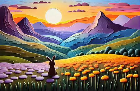 an  field of flowers in the mountains  at sunset overlooking a beautiful valley, the silhouette of a cute bunny  [<lora:FF-Style-Edvard-Munch-vpred:1.2> painting style of Edvard Munch
<lora:DD-made-of-clay-XL-v2:1> [ :made-of-clay, smooth shiny clay,:.2] saturated colors |   <lora:Dripping Art:1.5> Dripping Art page],  <lora:Vertical Landscapes:1> Vertical Landscapes